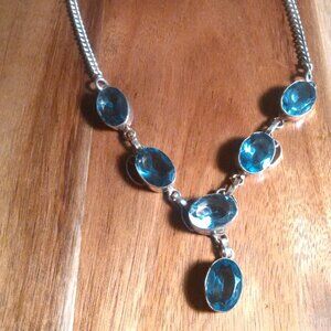 Faceted Blue Stone Silvertone Necklace (16 Inch)